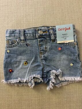 Cat & Jack Light Blue Denim Shorts with Pink Daisy Embroidery